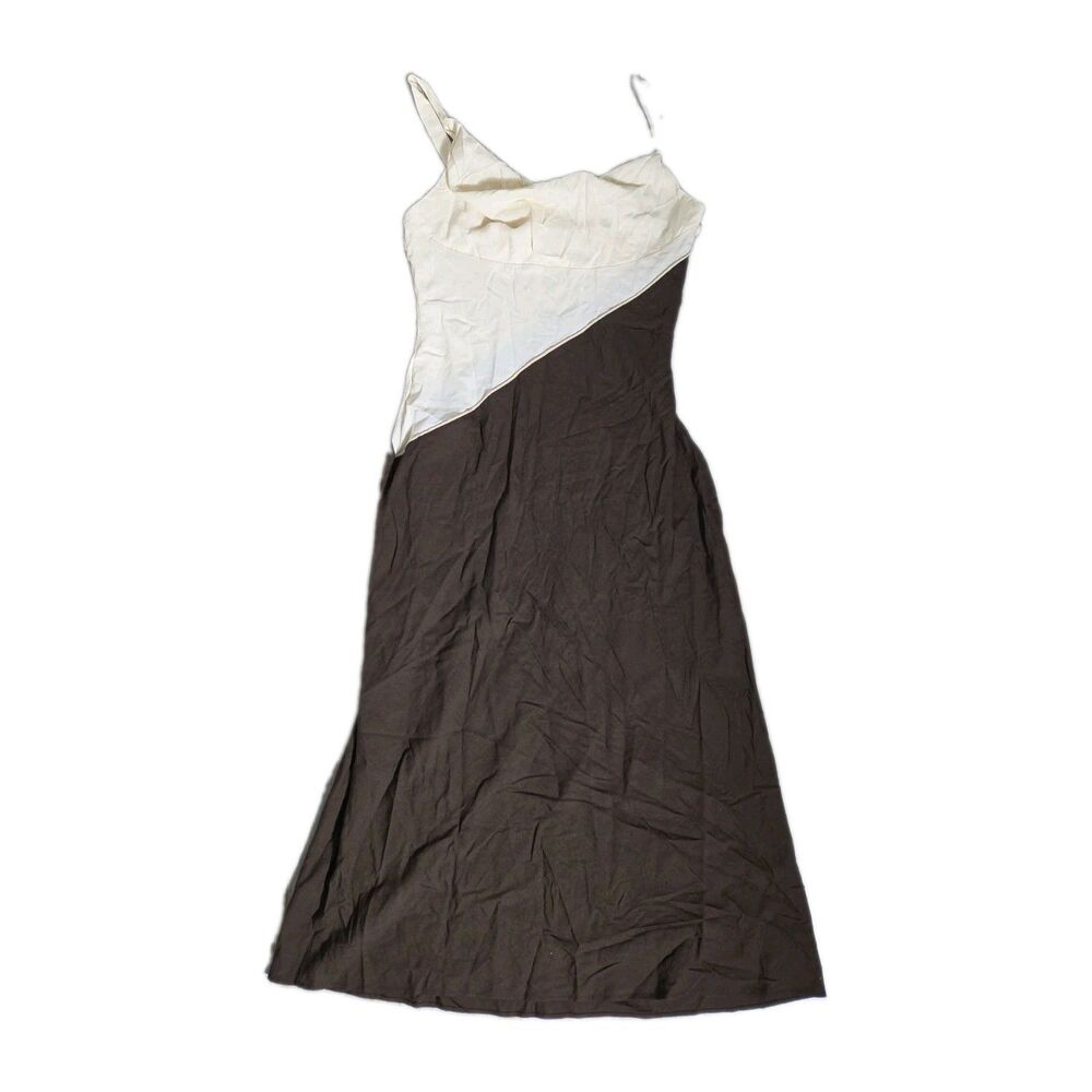 Zara Brown Cream Colorblock Asymmetrical Linen Blend Midi Dress Size XL EUC